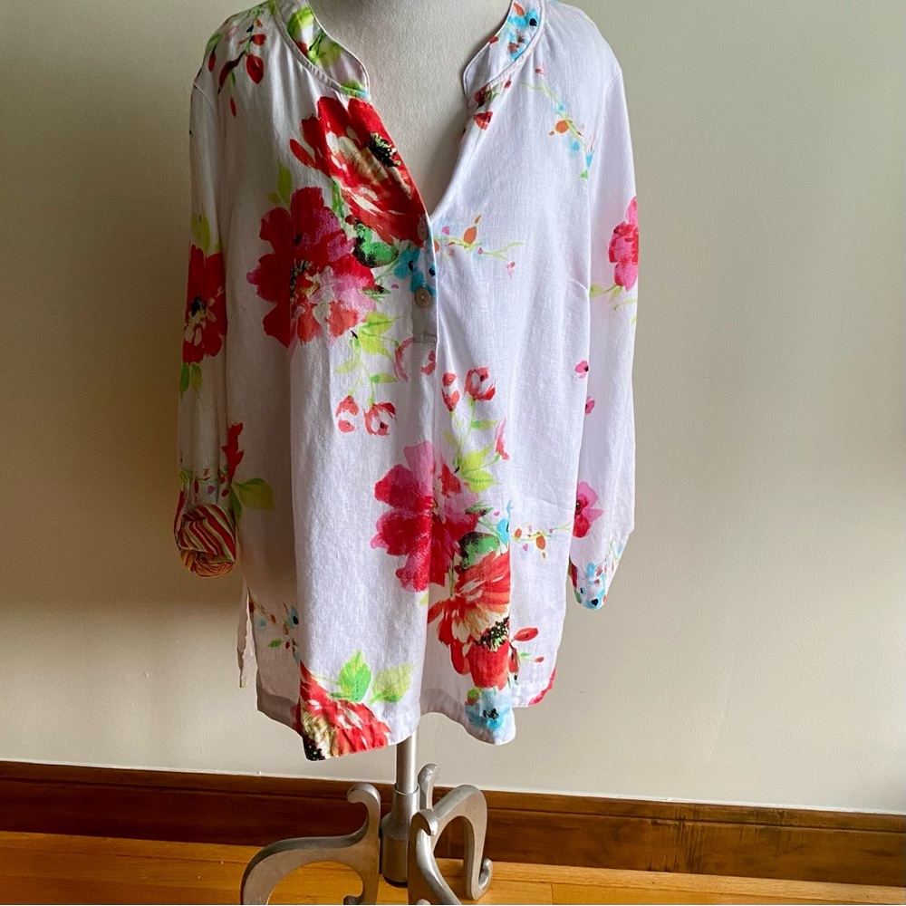 John Mark Floral  100% Linen Button Down 3/4 Sleeve Top Travel Mature